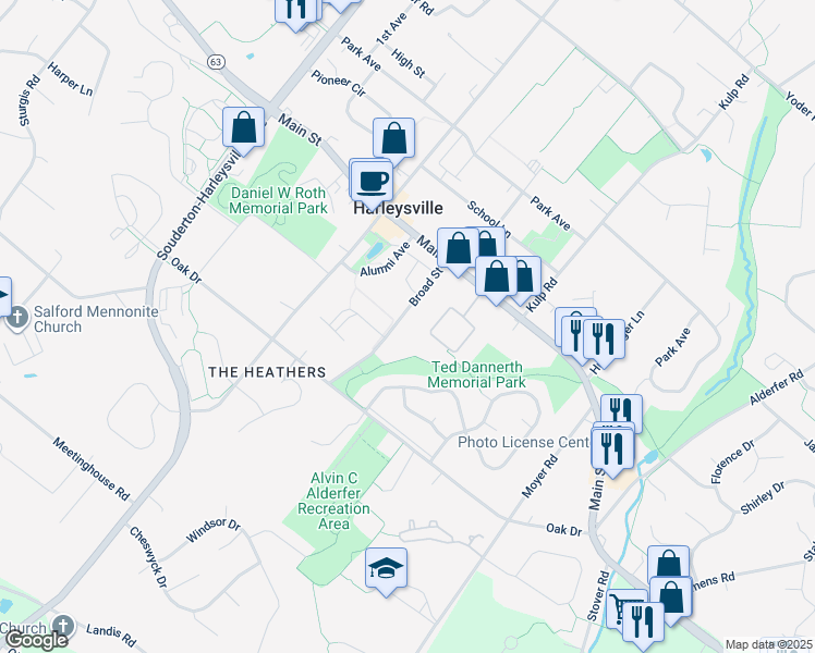 map of restaurants, bars, coffee shops, grocery stores, and more near 336 Broad Street in Harleysville