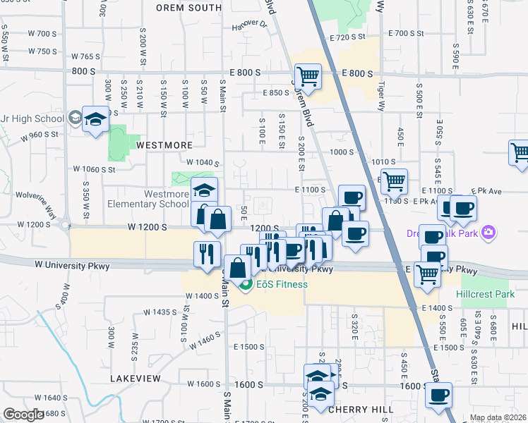 map of restaurants, bars, coffee shops, grocery stores, and more near 1085 South Anne Circle in Orem