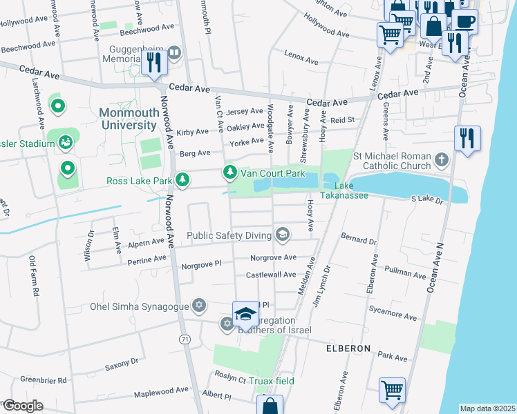 map of restaurants, bars, coffee shops, grocery stores, and more near 292 Overlook Avenue in Long Branch