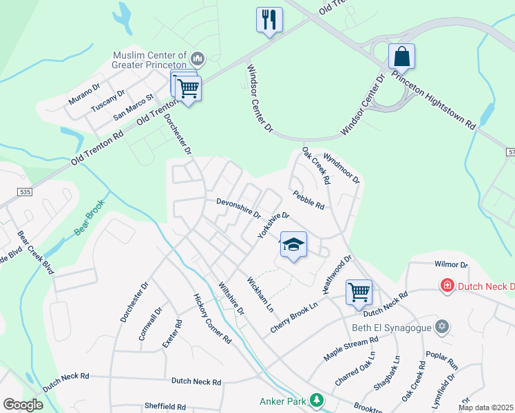 map of restaurants, bars, coffee shops, grocery stores, and more near 33 Princeton Arms East in East Windsor