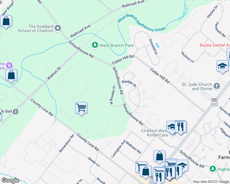 map of restaurants, bars, coffee shops, grocery stores, and more near 362 Boulder Drive in Chalfont