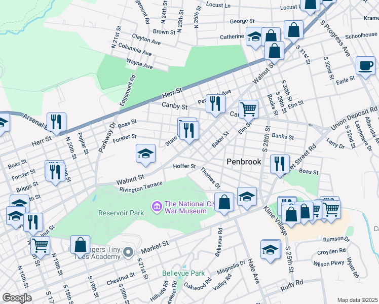 map of restaurants, bars, coffee shops, grocery stores, and more near 2323 Walnut Street in Harrisburg