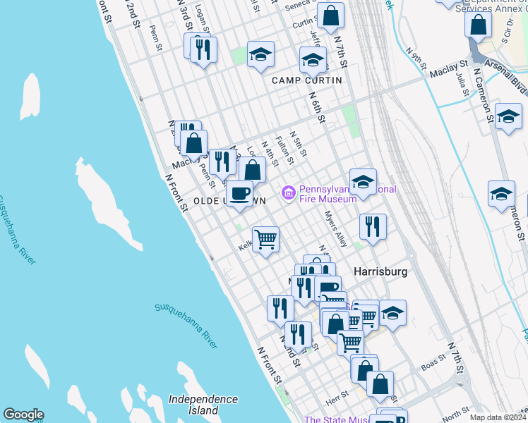 map of restaurants, bars, coffee shops, grocery stores, and more near 1907 Susquehanna Street in Harrisburg