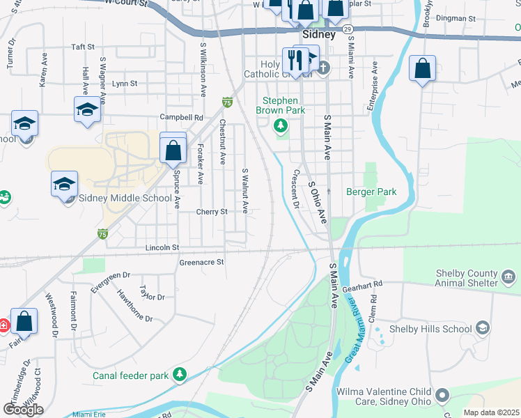 map of restaurants, bars, coffee shops, grocery stores, and more near 810-834 S Walnut Ave in Sidney