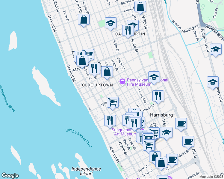 map of restaurants, bars, coffee shops, grocery stores, and more near 1907 Susquehanna Street in Harrisburg