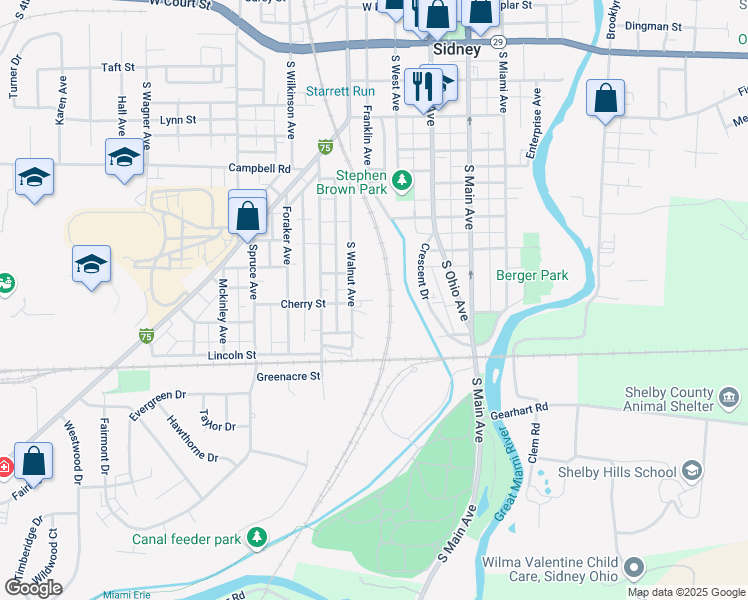 map of restaurants, bars, coffee shops, grocery stores, and more near 810-834 S Walnut Ave in Sidney