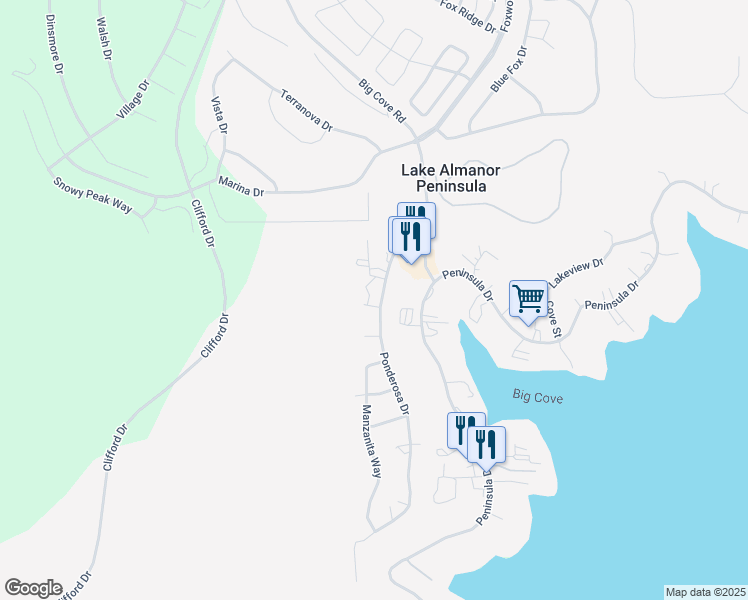 map of restaurants, bars, coffee shops, grocery stores, and more near 427 Ponderosa Drive in Westwood