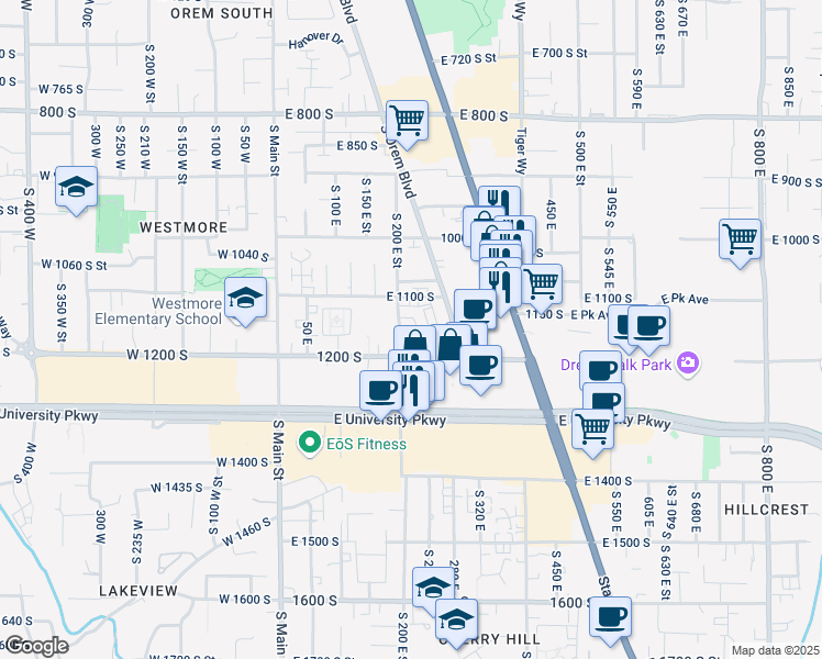 map of restaurants, bars, coffee shops, grocery stores, and more near 217 East 1163 South in Orem