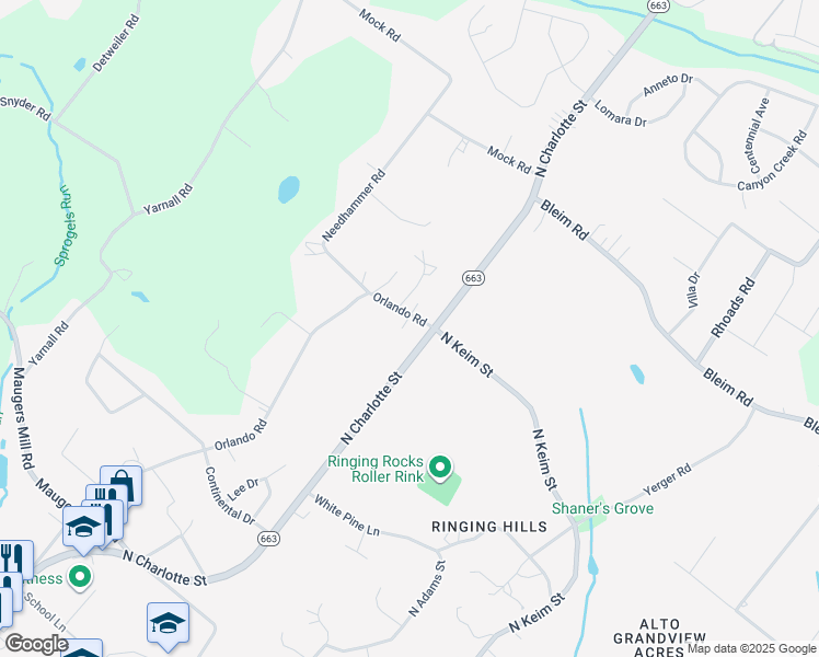 map of restaurants, bars, coffee shops, grocery stores, and more near 2080 Orlando Road in Pottstown