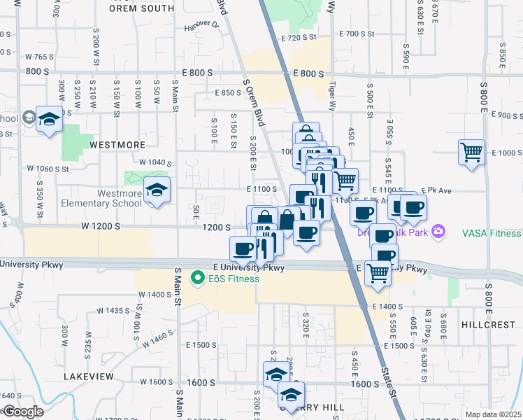 map of restaurants, bars, coffee shops, grocery stores, and more near 217 East 1163 South in Orem