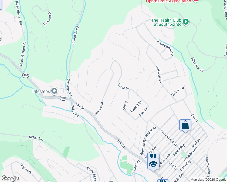 map of restaurants, bars, coffee shops, grocery stores, and more near 1305 Lucia Drive in Canonsburg