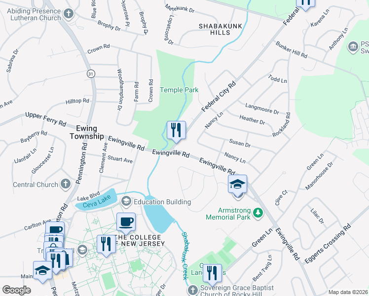 map of restaurants, bars, coffee shops, grocery stores, and more near 8 Federal City Road in Ewing Township