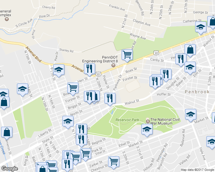 map of restaurants, bars, coffee shops, grocery stores, and more near 2024 Forster Street in Harrisburg