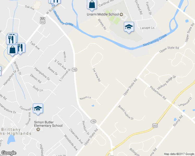 map of restaurants, bars, coffee shops, grocery stores, and more near 8 Far View Road in Chalfont