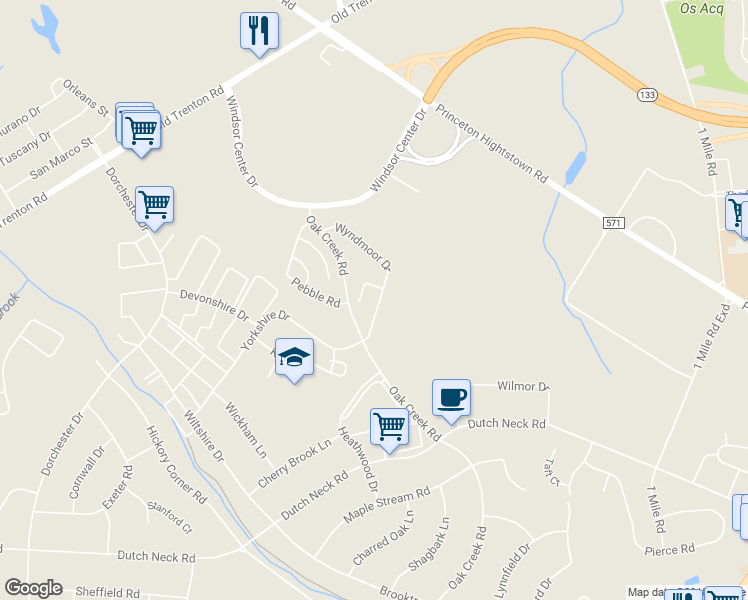 map of restaurants, bars, coffee shops, grocery stores, and more near 148 Wyndmoor Drive in Hightstown