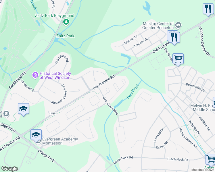 map of restaurants, bars, coffee shops, grocery stores, and more near 17 Maidenflower Lane in West Windsor Township