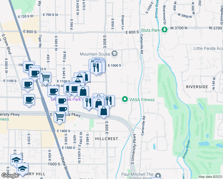 map of restaurants, bars, coffee shops, grocery stores, and more near 1155 South 800 East in Orem
