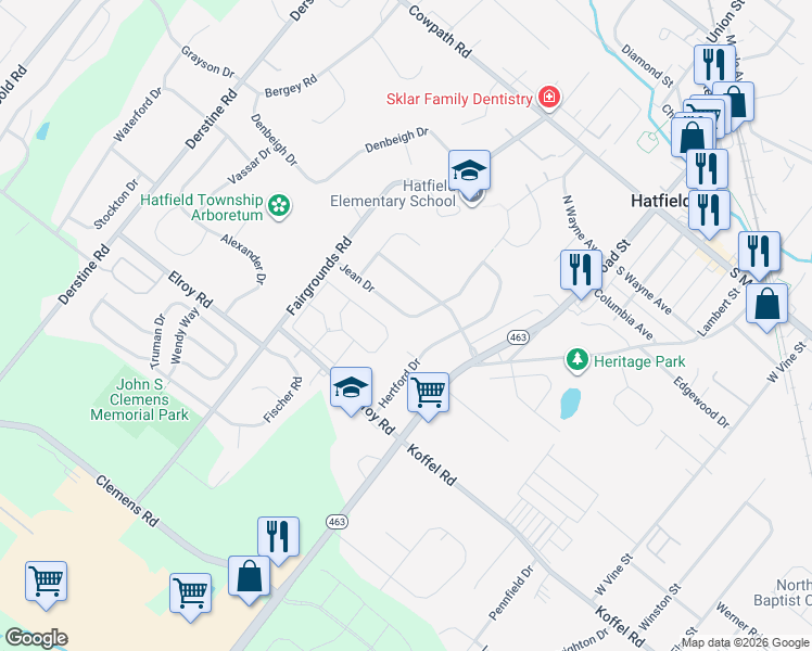map of restaurants, bars, coffee shops, grocery stores, and more near 2626 Jean Drive in Hatfield
