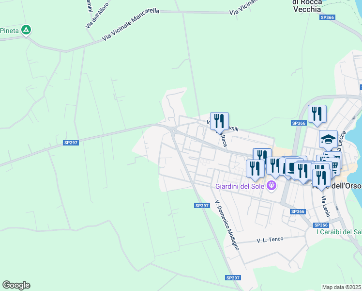 map of restaurants, bars, coffee shops, grocery stores, and more near 21 Via Carmelo Bene in Torre Dell'Orso