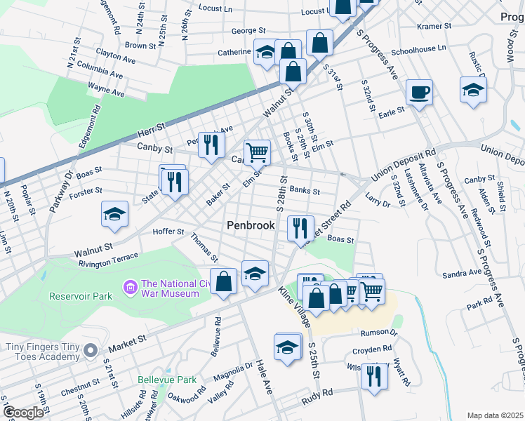 map of restaurants, bars, coffee shops, grocery stores, and more near 2713 Butler Street in Penbrook