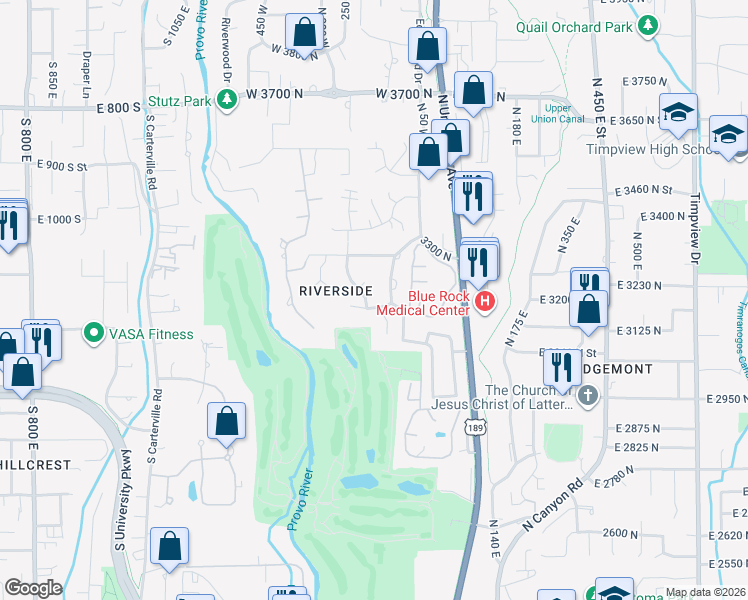 map of restaurants, bars, coffee shops, grocery stores, and more near 3236 Brookside Drive in Provo