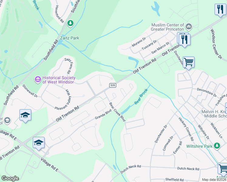 map of restaurants, bars, coffee shops, grocery stores, and more near 17 Maidenflower Lane in West Windsor Township