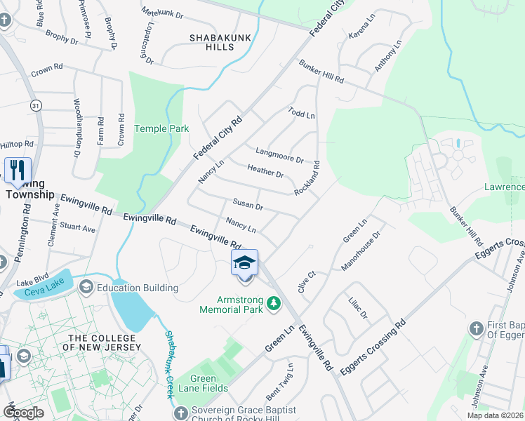 map of restaurants, bars, coffee shops, grocery stores, and more near 132 Susan Drive in Ewing Township
