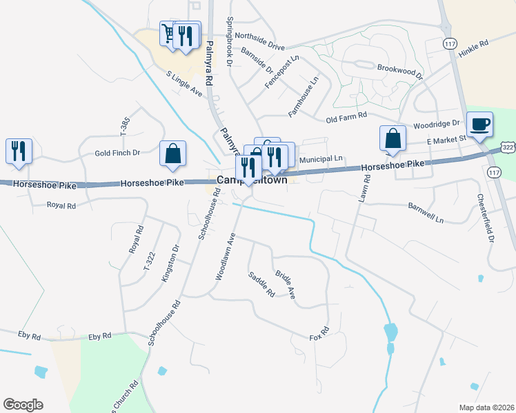 map of restaurants, bars, coffee shops, grocery stores, and more near 30 Lynmar Avenue in Palmyra