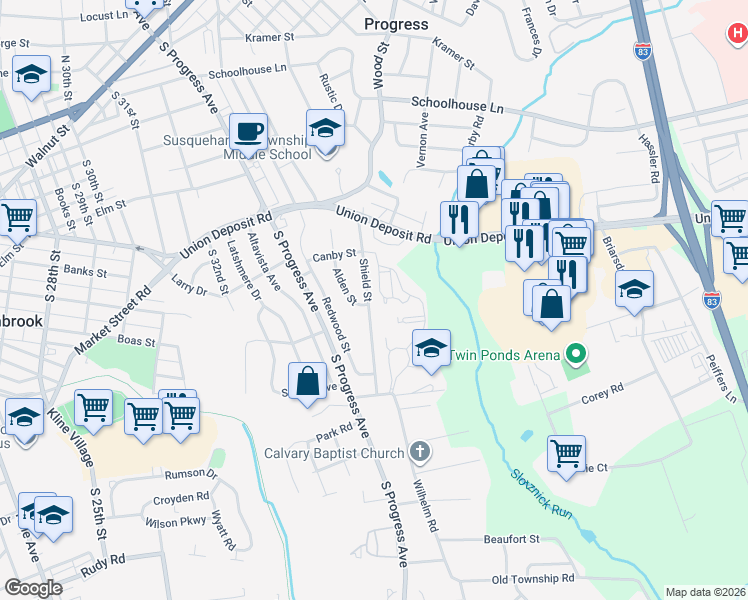 map of restaurants, bars, coffee shops, grocery stores, and more near 517 Shield Street in Harrisburg