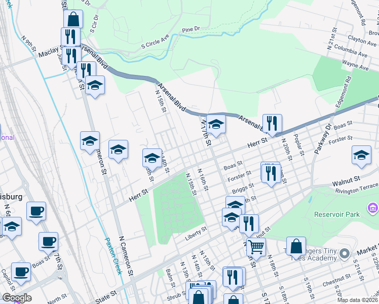 map of restaurants, bars, coffee shops, grocery stores, and more near 1215 North 16th Street in Harrisburg