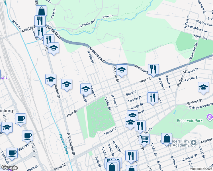 map of restaurants, bars, coffee shops, grocery stores, and more near 1204 North 16th Street in Harrisburg