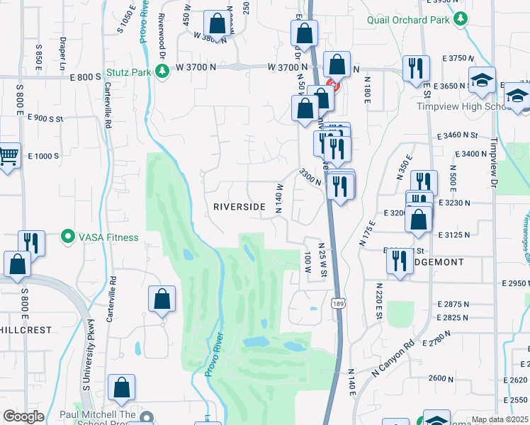 map of restaurants, bars, coffee shops, grocery stores, and more near 3236 Brookside Drive in Provo