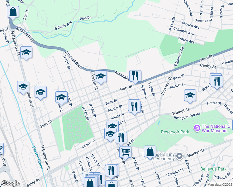 map of restaurants, bars, coffee shops, grocery stores, and more near 1815 Herr Street in Harrisburg