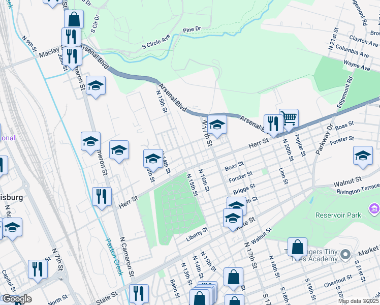 map of restaurants, bars, coffee shops, grocery stores, and more near 1204 North 16th Street in Harrisburg