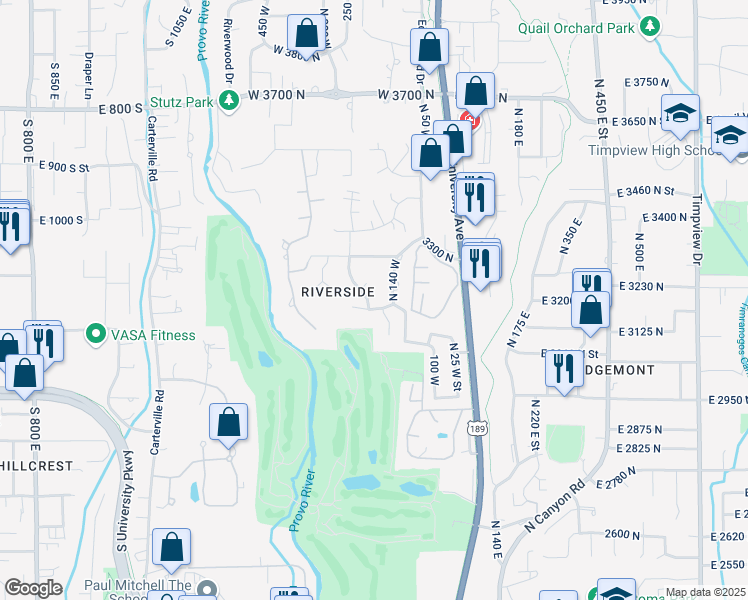 map of restaurants, bars, coffee shops, grocery stores, and more near 3236 Brookside Drive in Provo