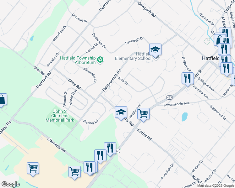 map of restaurants, bars, coffee shops, grocery stores, and more near 2701 Elroy Road in Hatfield