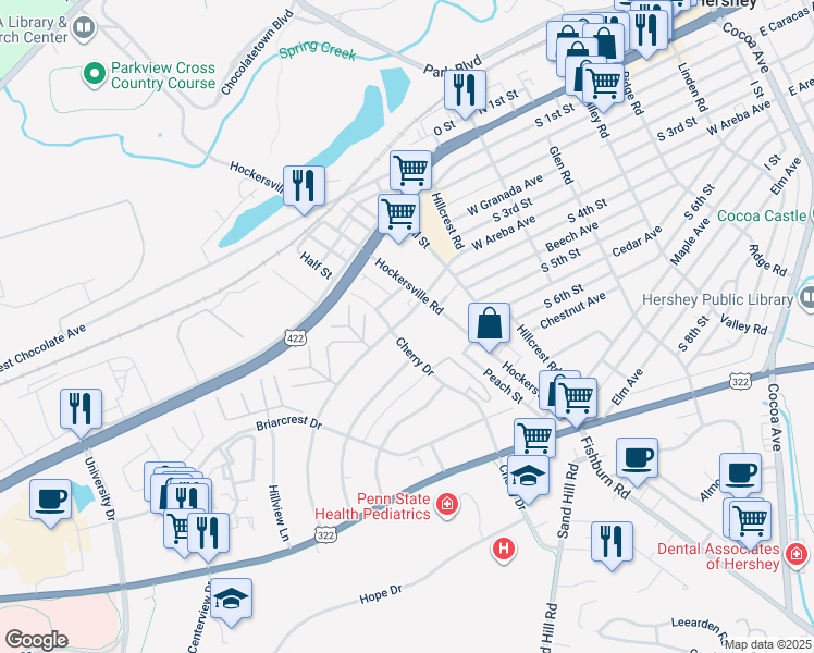 map of restaurants, bars, coffee shops, grocery stores, and more near 213 Half Street in Hershey