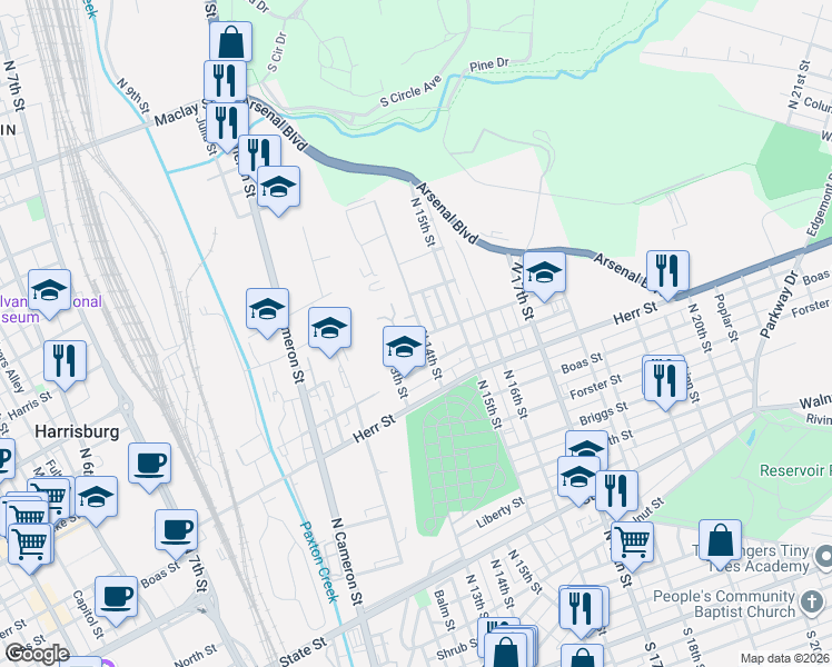 map of restaurants, bars, coffee shops, grocery stores, and more near 1311 North 14th Street in Harrisburg