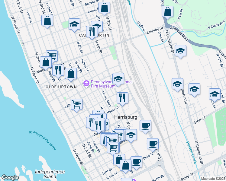 map of restaurants, bars, coffee shops, grocery stores, and more near 1728 North 6th Street in Harrisburg