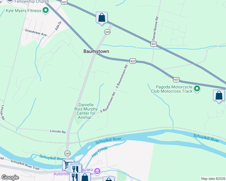 map of restaurants, bars, coffee shops, grocery stores, and more near 320 South Baumstown Road in Birdsboro