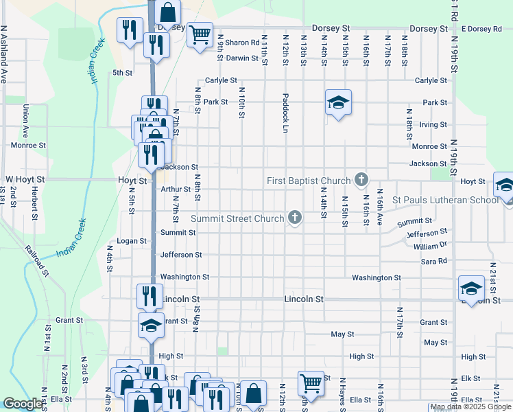 map of restaurants, bars, coffee shops, grocery stores, and more near 1014 North 11th Street in Beatrice