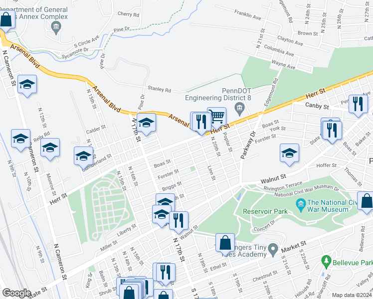 map of restaurants, bars, coffee shops, grocery stores, and more near 1008 North 19th Street in Harrisburg