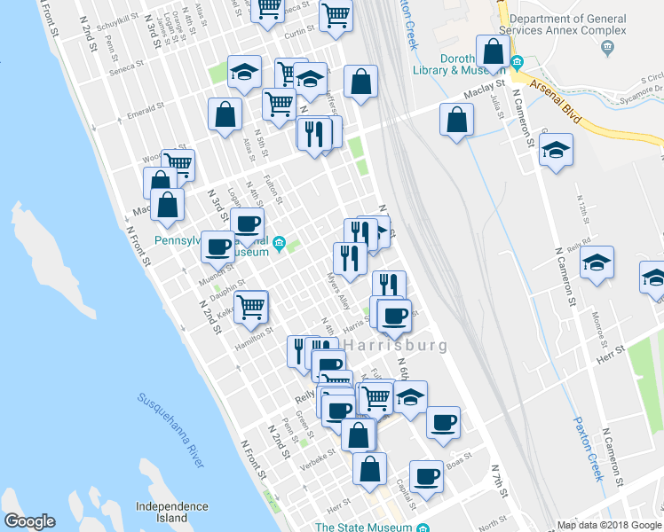 map of restaurants, bars, coffee shops, grocery stores, and more near 1730 North 5th Street in Harrisburg