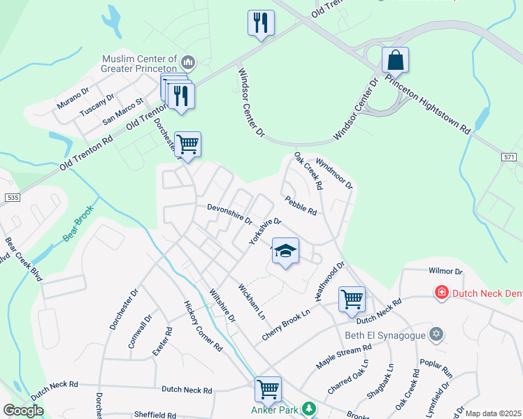 map of restaurants, bars, coffee shops, grocery stores, and more near 8 Devonshire Drive in Princeton