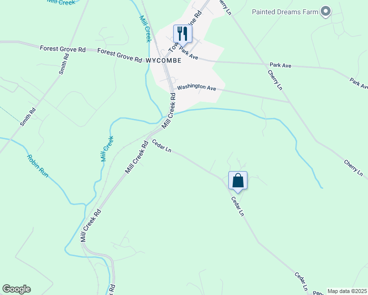 map of restaurants, bars, coffee shops, grocery stores, and more near 1061 Cedar Lane in Newtown