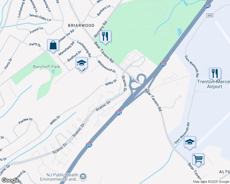 map of restaurants, bars, coffee shops, grocery stores, and more near 10 Revere Court in Trenton
