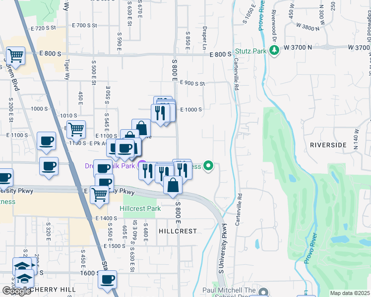map of restaurants, bars, coffee shops, grocery stores, and more near 1145 800 East in Orem