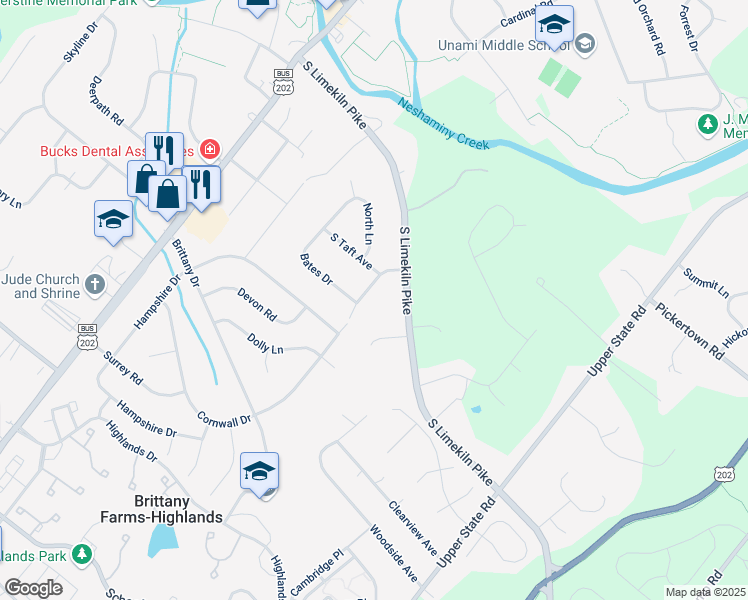 map of restaurants, bars, coffee shops, grocery stores, and more near 16 East Cornwall Drive in Chalfont