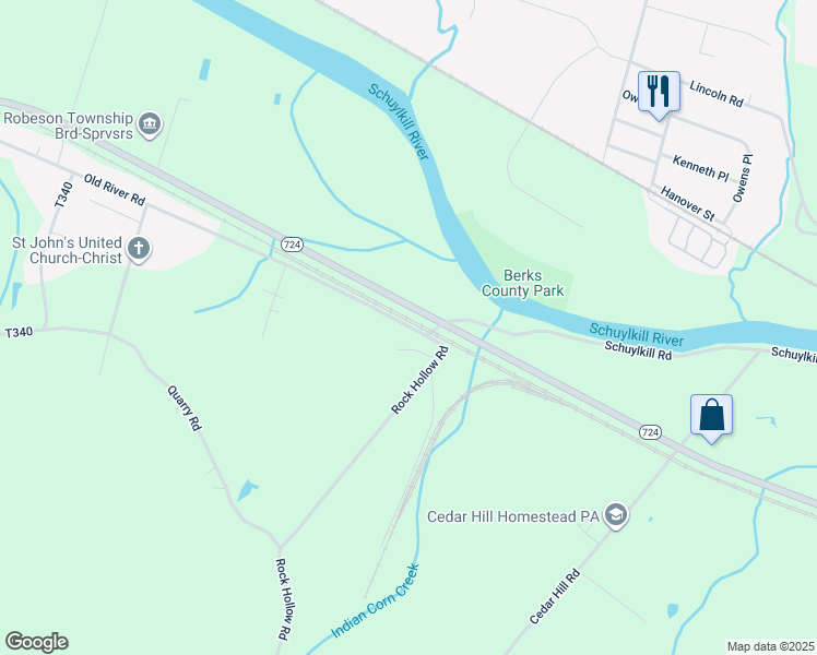map of restaurants, bars, coffee shops, grocery stores, and more near 38 Old River Road in Birdsboro