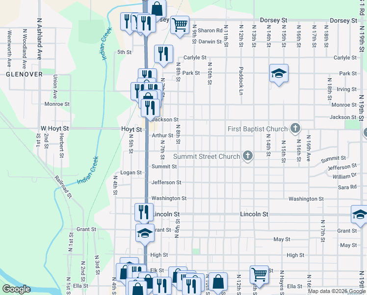 map of restaurants, bars, coffee shops, grocery stores, and more near 1015 North 8th Street in Beatrice